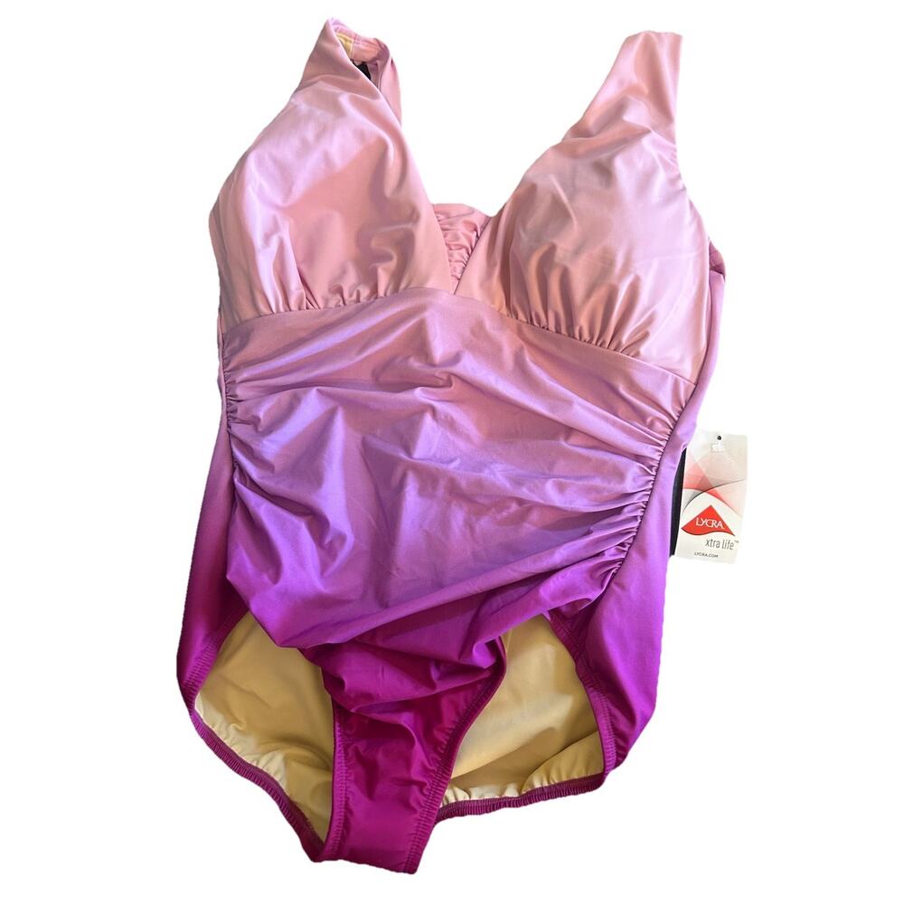 NWT Lands End Slendersuit 1-Piece Swimsuit Grecian Low Leg Purple Ombré Size 14P